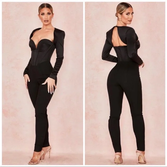 House of CB ‘Zoey’ Black Satin Corset Jumpsuit NWOT - Picture 2 of 7